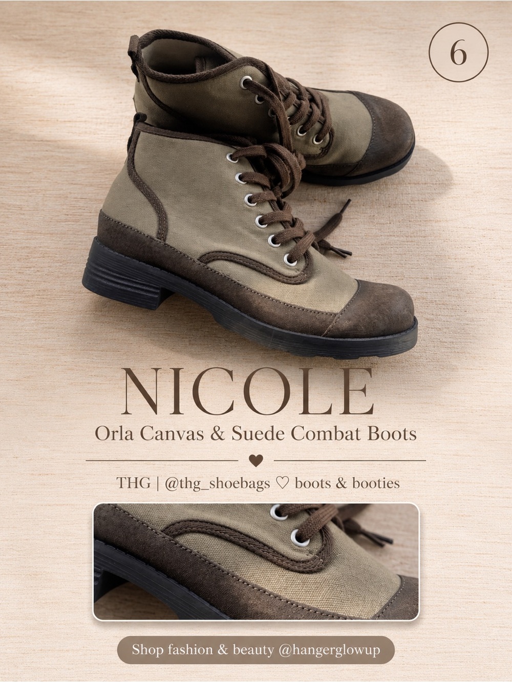 Nicole Orla Canvas Combat Boots Mushroom Brown Lace Up Ankle Boots 6M